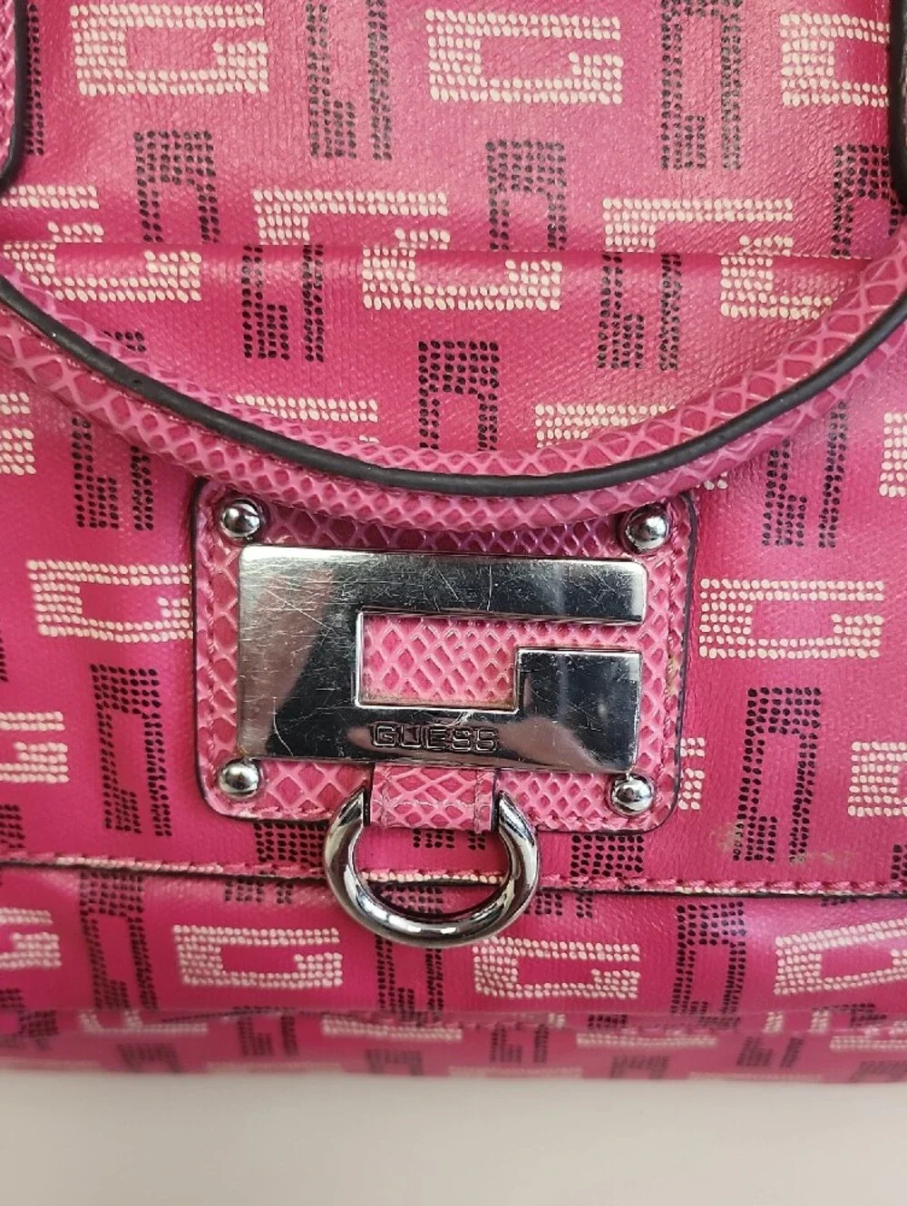 Guess Pink Logo-Print Satchel with Silver Hardware